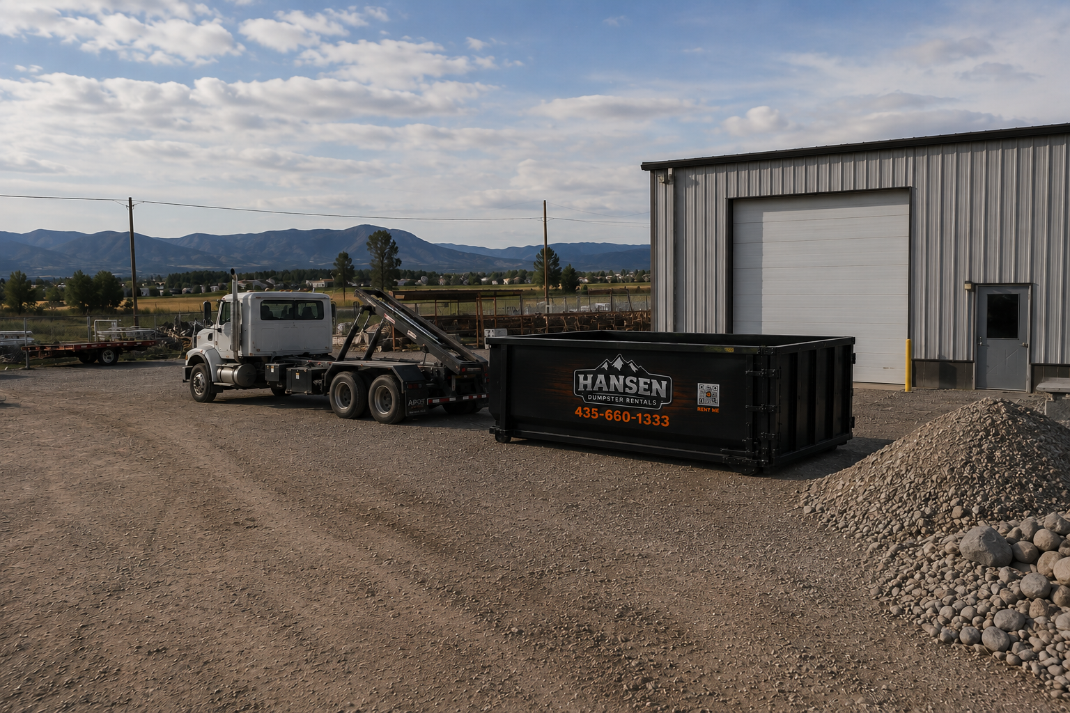 Hansen Dumpster Rentals branded roll-off truck serving central Utah